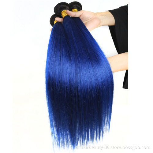 Pre-Colored 2 Tone Blue Brazilian Hair Weave Bundles Straight Ombre 3 Bundles T1B/Blue Dark Roots Human Hair Extensions Remy
